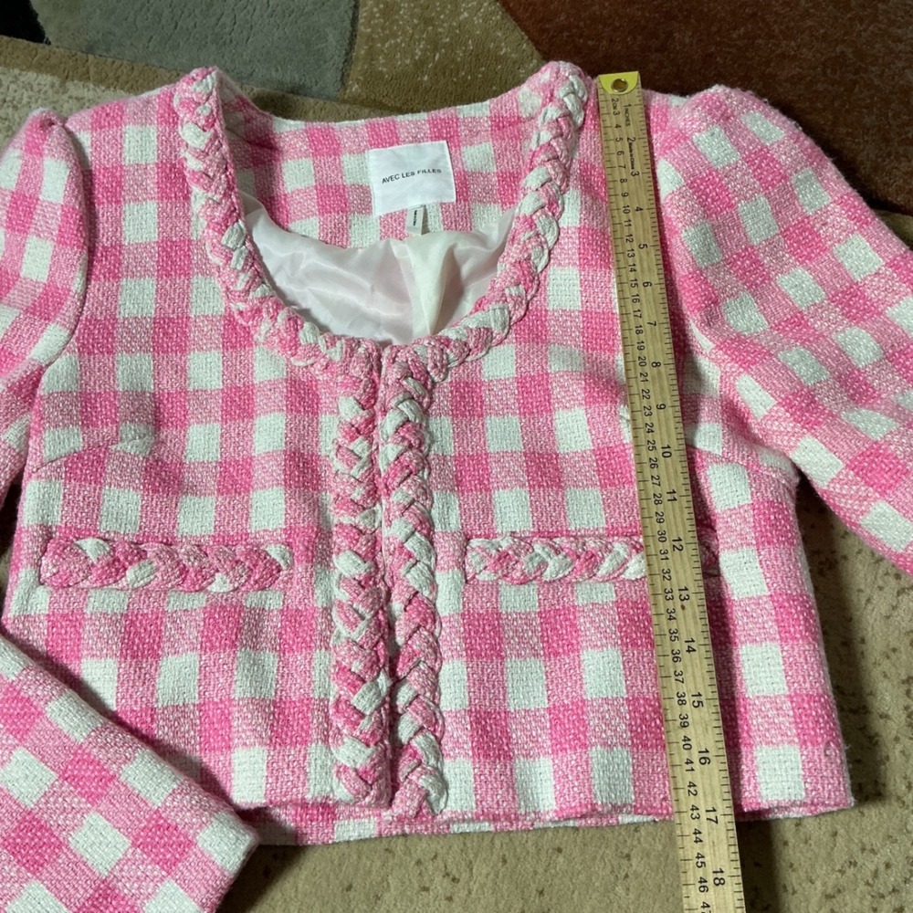 Avec Les Filles Coquette Gingham Tweed Cropped Blazer Women S Pink Plaid Braided - Picture 2 of 6